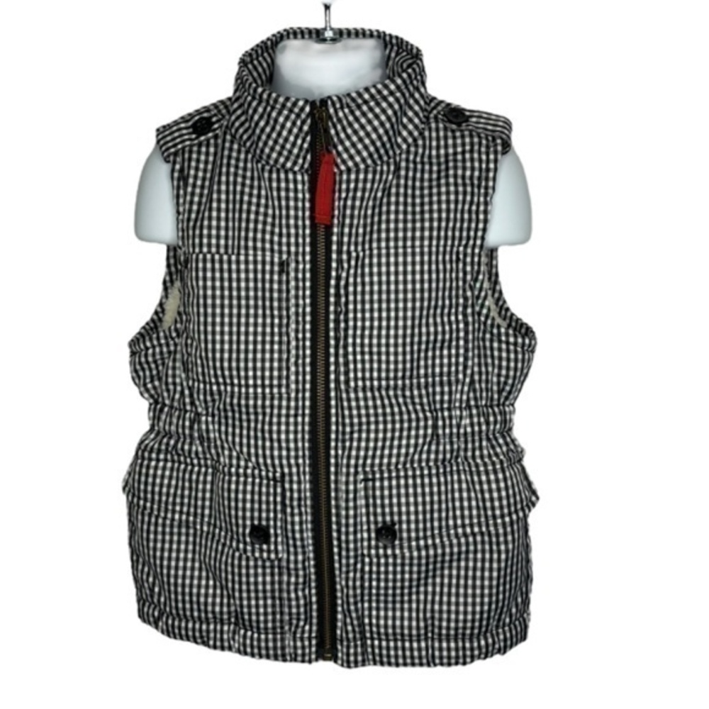 GAP Kids Girls Vest Jacket Black White Gingham Sherpa Lined Zip Up Sleeveless